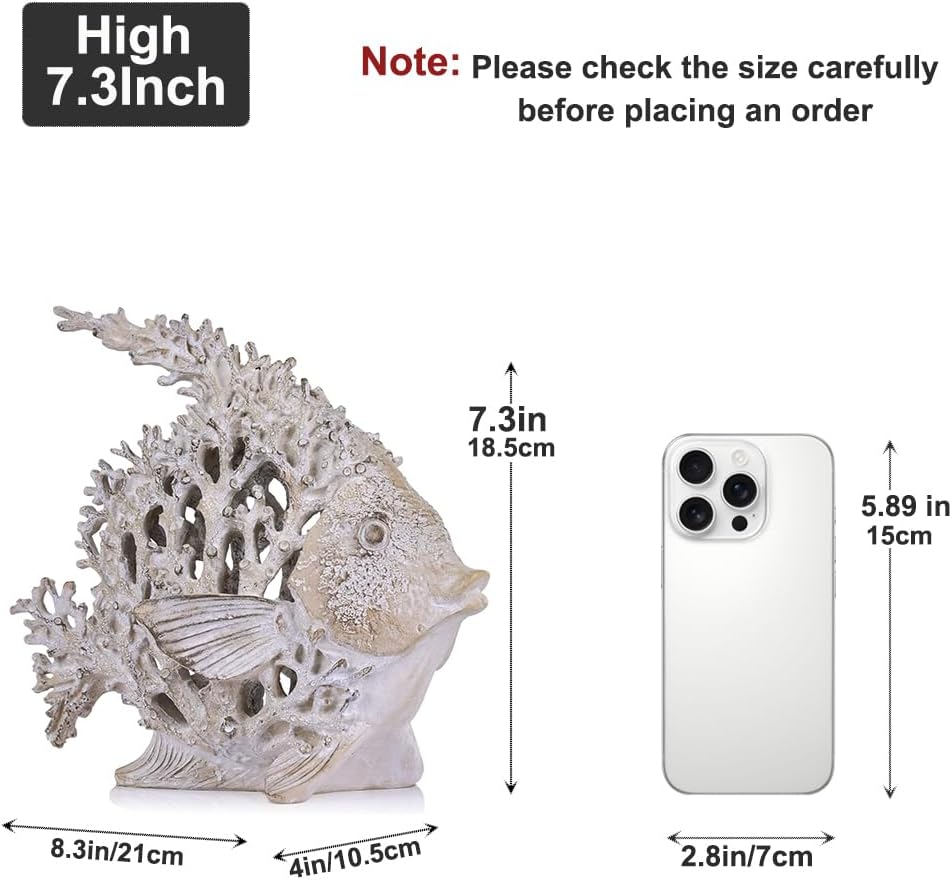 Beach Coastal Decor – 7.3in White Coral Fish Statue, Nautical Coral Reef Figurine for Living Room, Bathroom, Shelf, Desk or Coffee Table, Modern Ocean Accent & Beach House Gift