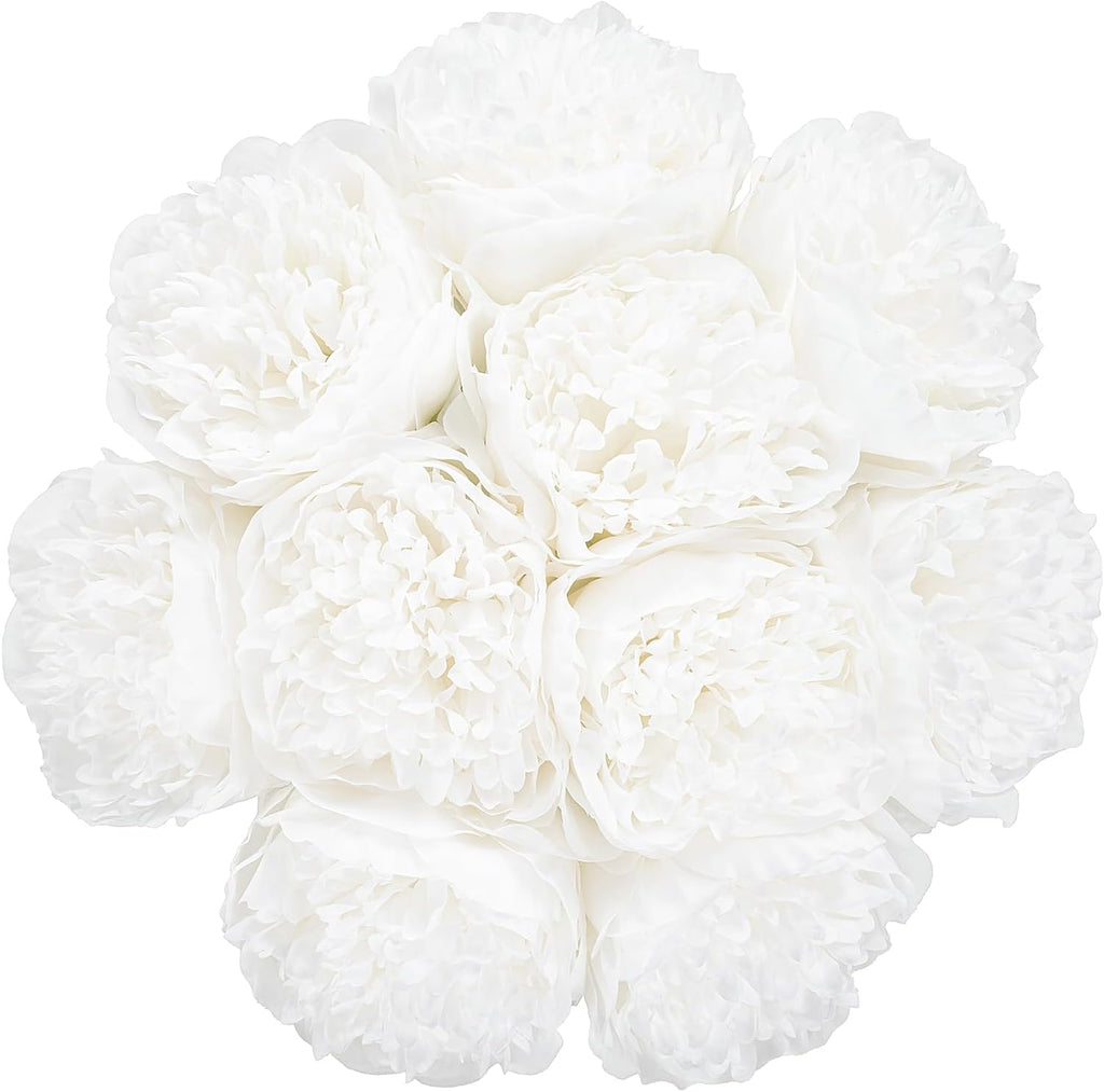 U'Artlines Artificial Peony Silk Flower with Stems 10pcs Real Look Vintage Peonies for Home Wedding Decoration(Pure White)