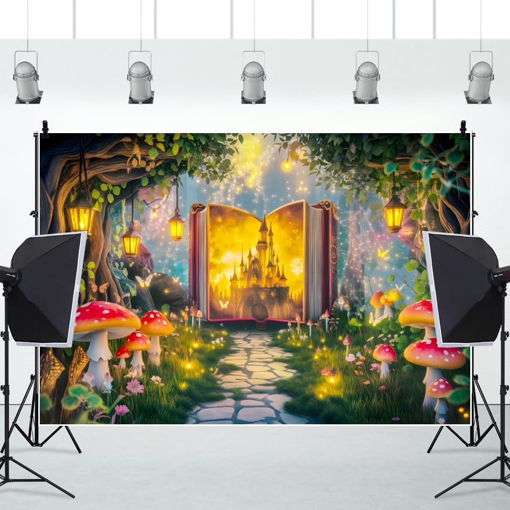 AOFOTO 7x5ft Fairy Tale Castle Books Photography Backdrop Wonderland Tree House Mushroom Butterfly Magic Story Book Background Girls Princess Kids Birthday Party Decoration Photo Banner Props