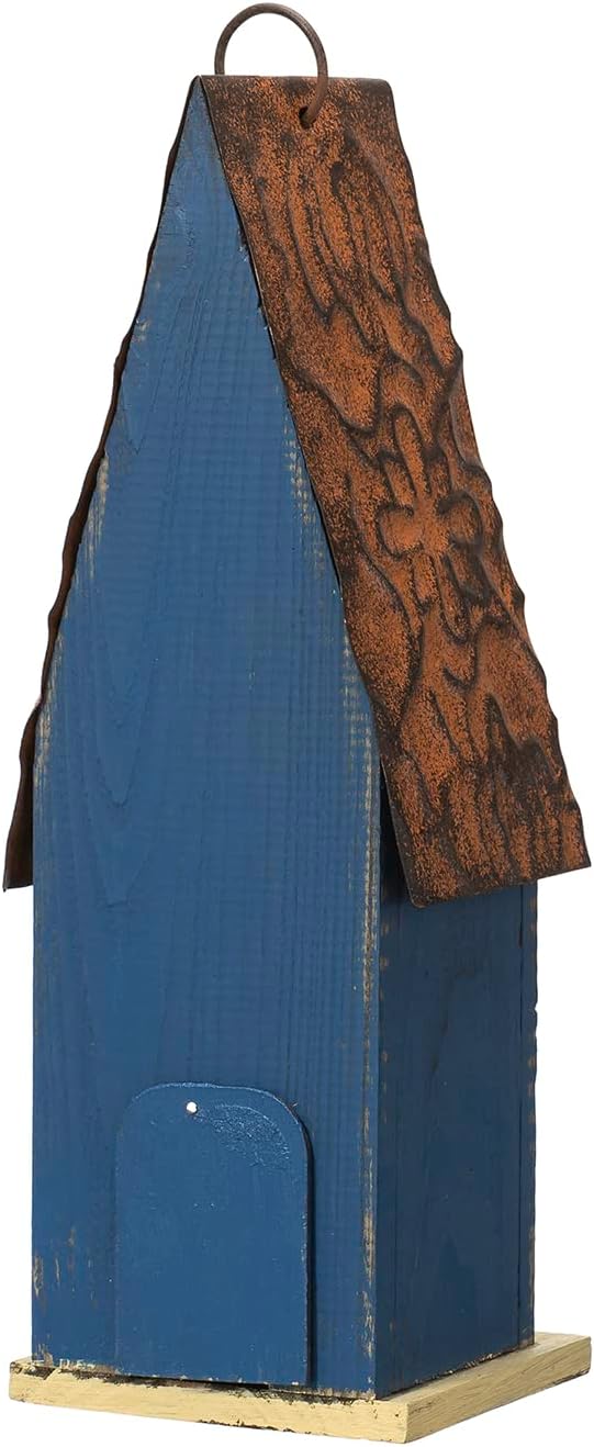 Glitzhome 13.25" H Retro Blue Distressed Solid Wood Birdhouse Hanging Garden Bird House for Outdoors