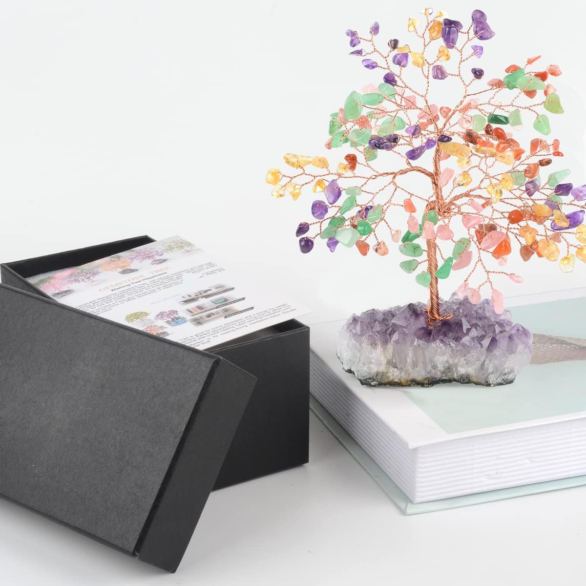 Gemstone Crystal Treeof Life,Chakra Tree Multi Stone Amethyst Cluster Base,Feng Shui Home Decor Bonsai Money Tree,Positive Energy Healing Crystals,Spriture Gift,Size 5.5"-6.3"