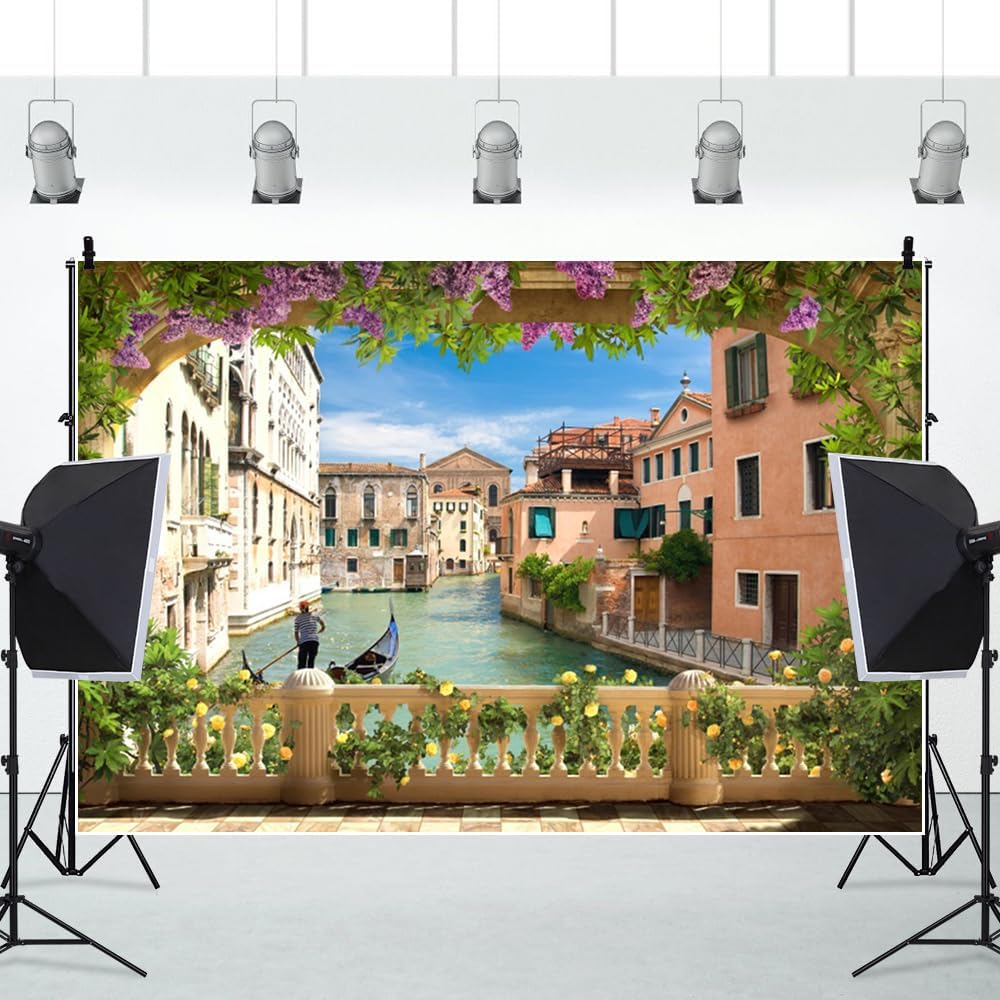 9x6ft Italy Venice Backdrop, Water City Italian Canal Gondolas River Backdrop for Photoshoot Historical Culture Scenery Photo Background Travel Portrait Photo Props