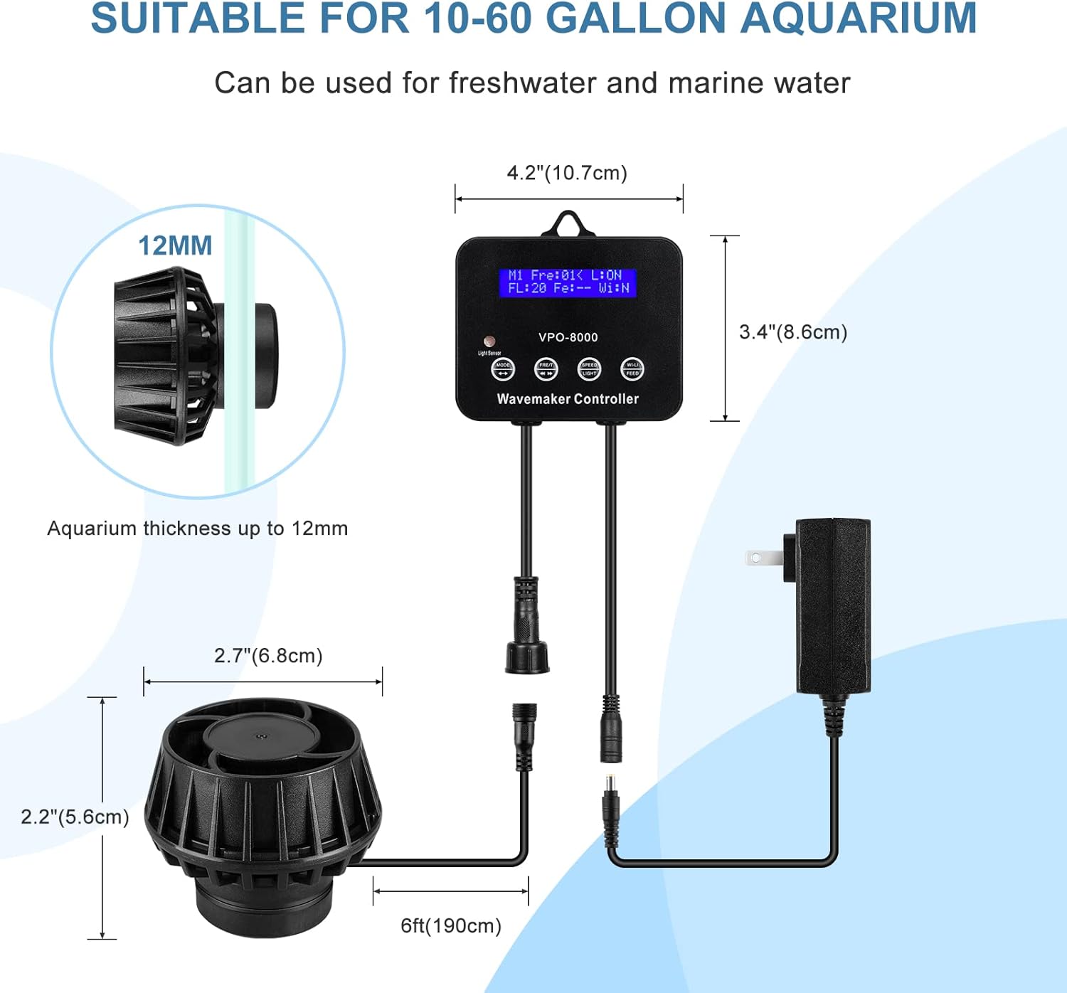 2100GPH Aquarium Wave Maker with Controller Mini DC 24V 12W Powerhead with Magnetic Mounting, Wavemaker with LED Display for 30 to 60 Gallon Tank