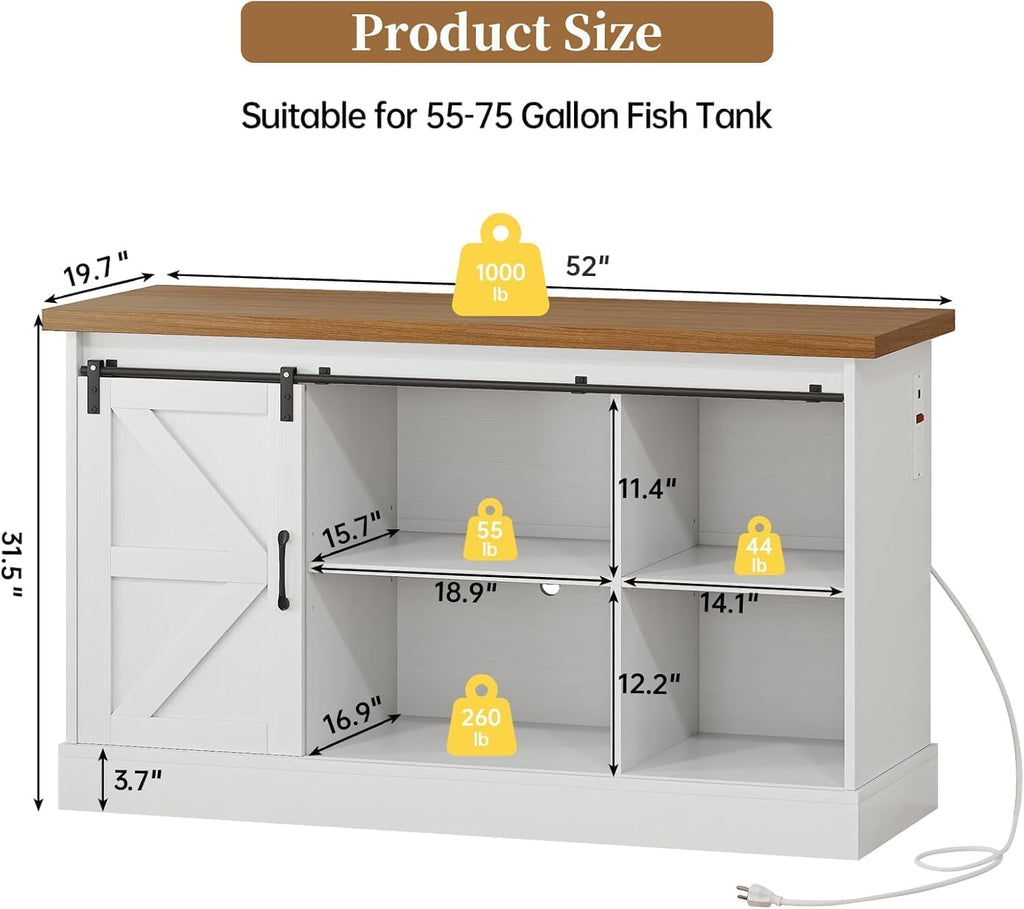 55-75 Gallon Fish Tank Stand with Sliding Barn Doors & Power Outlet, Heavy Duty Aquarium Stand with Cabinet Storage for Fish Tank, Turtle Tank, Reptile Terrarium, Capacity 1000LBS