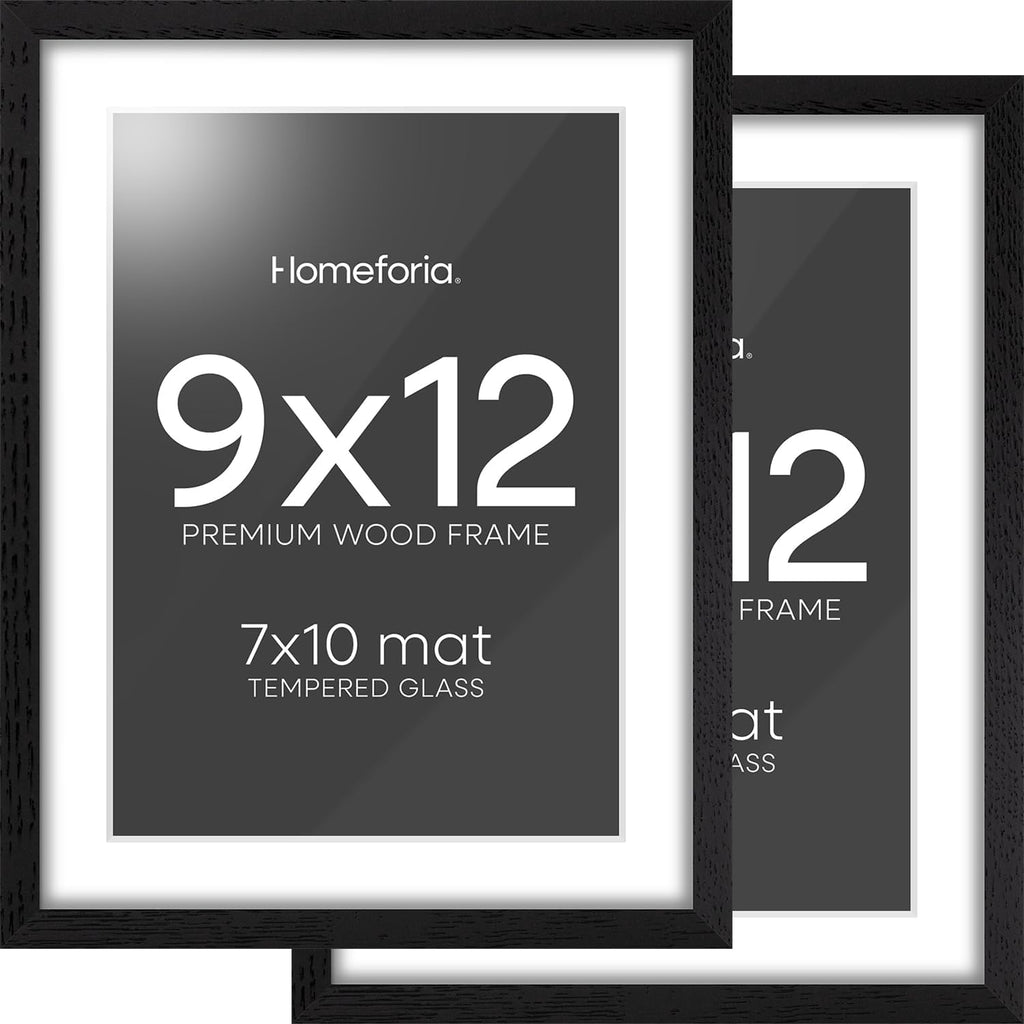 Homeforia 9x12 Black Wood Picture Frame, High End Oak 9 x 12 Frames with Mat 7 by 10 Art, 9by12 Black Wooden Frame Matted to 7x10 inch Photo, Wall or Tabletop Frame, Tempered Glass, Wall Kit, Set of 2