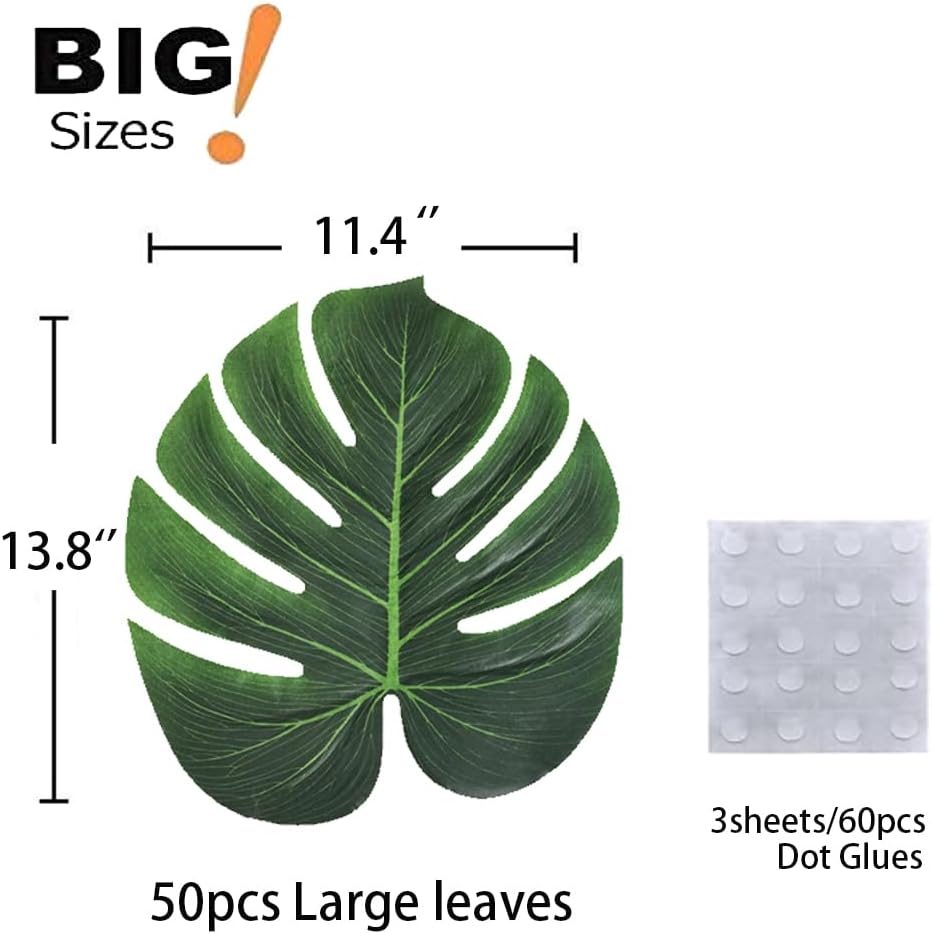 Artificial Palm Leaves, 50PCS Extra Large 14" Tropical Monstera Fake Leaves for Hawaiian Luau Jungle Safari Birthday WeddingTheme Party Table Wall Decorations,Bonus 3 Sheets/60pcs Dot Glues