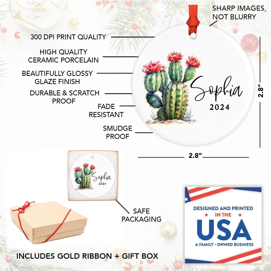 Andaz Press 2.8" Ceramic Porcelain Personalized Christmas Cactus Ornament, Baby Cactus Design, Custom Cactus Christmas Ornaments, Succulent Ornament Cactus Decor, Custom Name Ornament with Ribbon