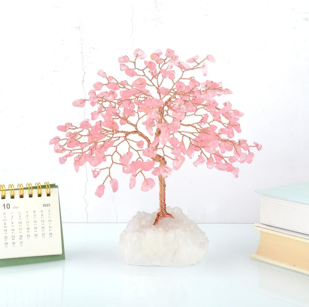Gemstone Crystal Tree of Life,Natural Rose Quartz Clear Quartz Cluster Base,Healing Crystal Positive Energy Bonsai Feng Shui Money Tree Home Decor for Luck and Wealth 5.5"-6.3"