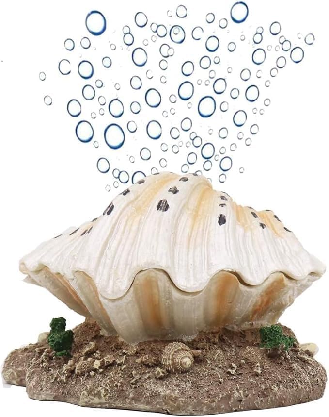 Aquarium Bubbler Decor, Fish Tank Air Stone Ornament with Moving Pearl & Clam - Aerating Bubble Action for Oxygenation, Realistic Coral Reef Decoration for Tropical Fish Tanks, Resin Shell Decor