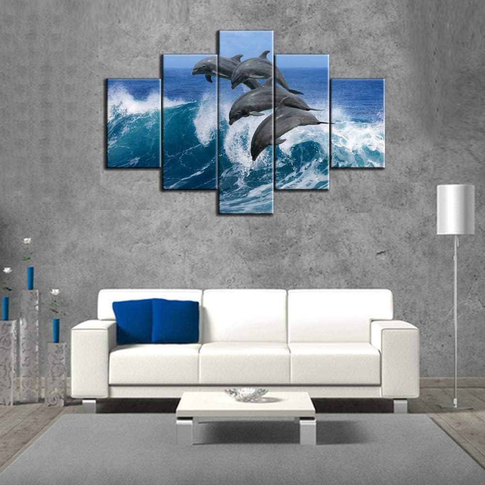 Jumping Dolphins Paintings Multi Panel Canvas Wall Art Hawaii Pacific Ocean Wildlife Pictures for Living Room HD Prints Sealife Artwork House Decor Giclee Framed Stretched Ready to Hang(60''Wx40''H)