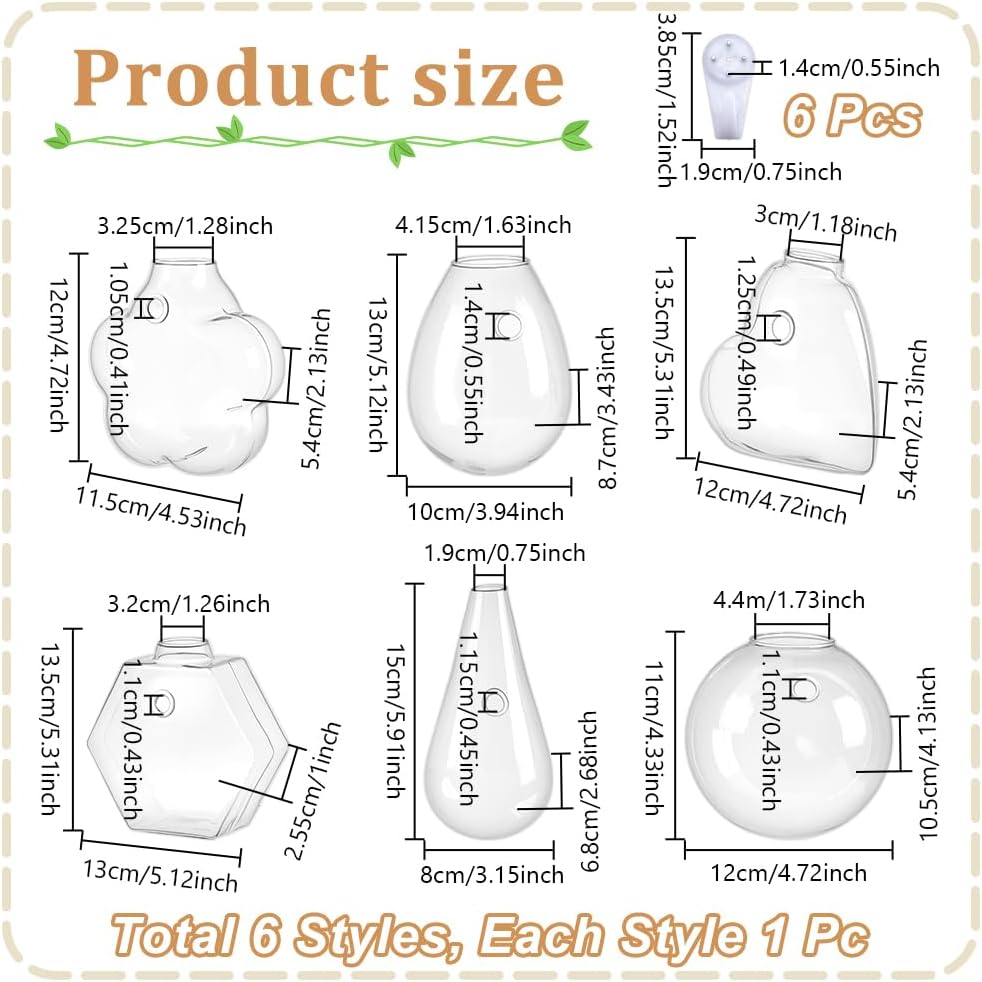 NBEADS 6 Pcs 6 Styles Wall Hanging Planter, Propagation Station Wall Planter Glass Hanging Vase for Indoor Plants, Home Living Room Office Decor