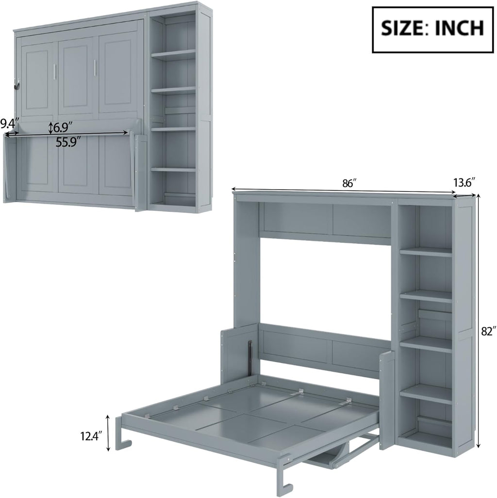 MERITLINE Full Murphy Bed with Desk and Storage Shelves,Wood Hideaway Murphy Wall Bed with Storage Bookcase for Adults (Grey,Full)
