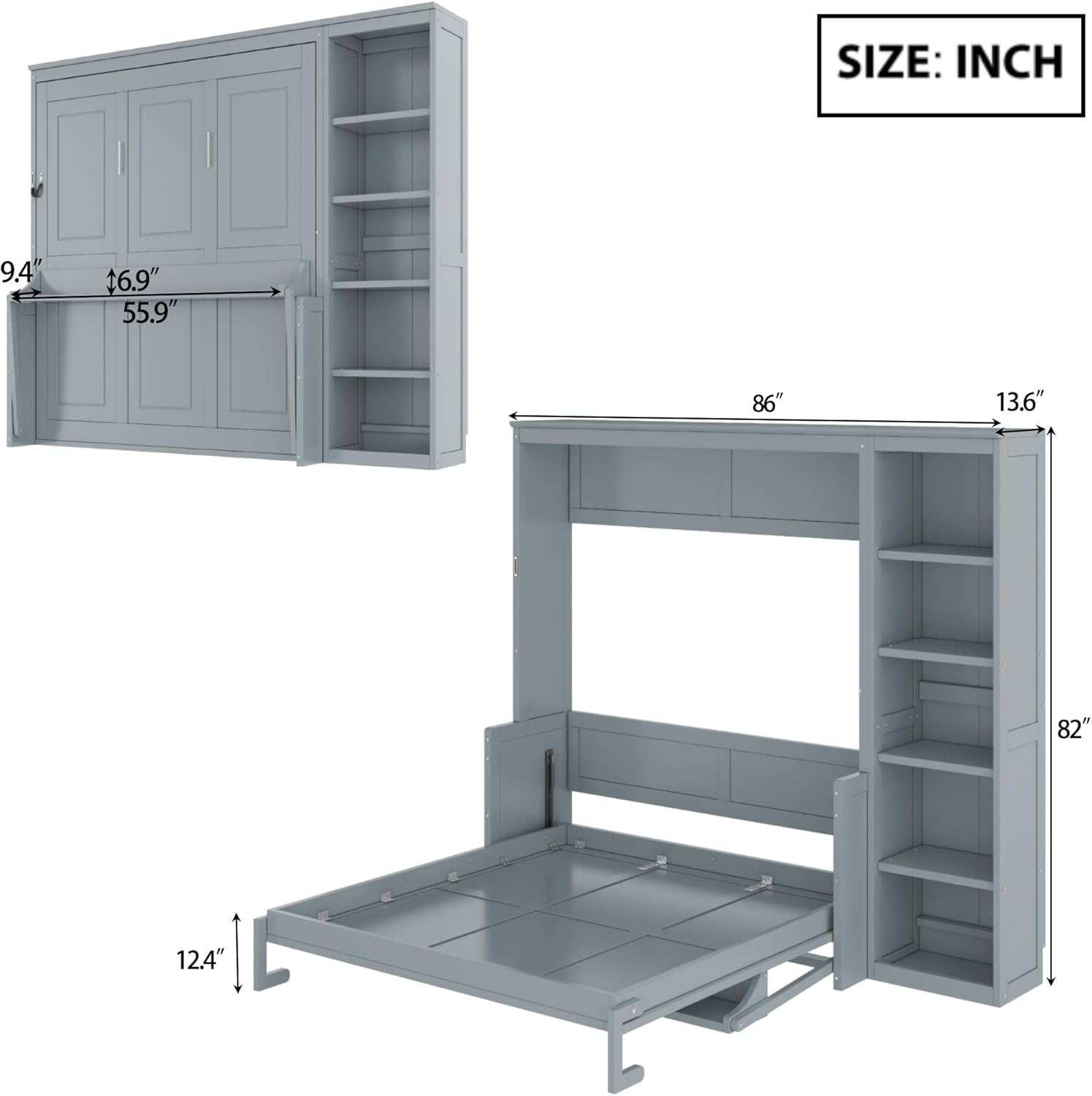 MERITLINE Full Murphy Bed with Desk and Storage Shelves,Wood Hideaway Murphy Wall Bed with Storage Bookcase for Adults (Grey,Full)