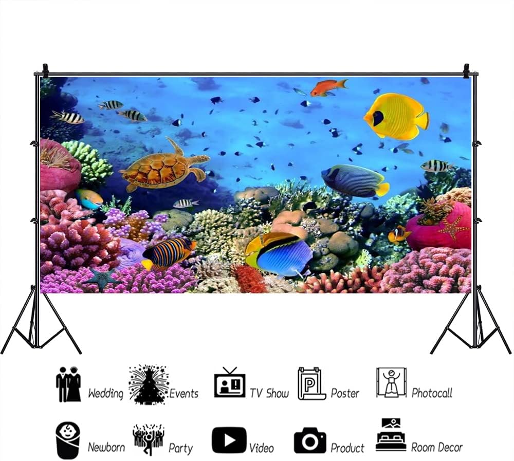 AOFOTO 15x8ft Underwater Ocean Coral Reef Backdrop Under The Sea Tropical Fish Sea Turtle Marine Life Photography Background Seabed World Nature Scene Aquarium Decor Kids Portrait Photo Shoot Props