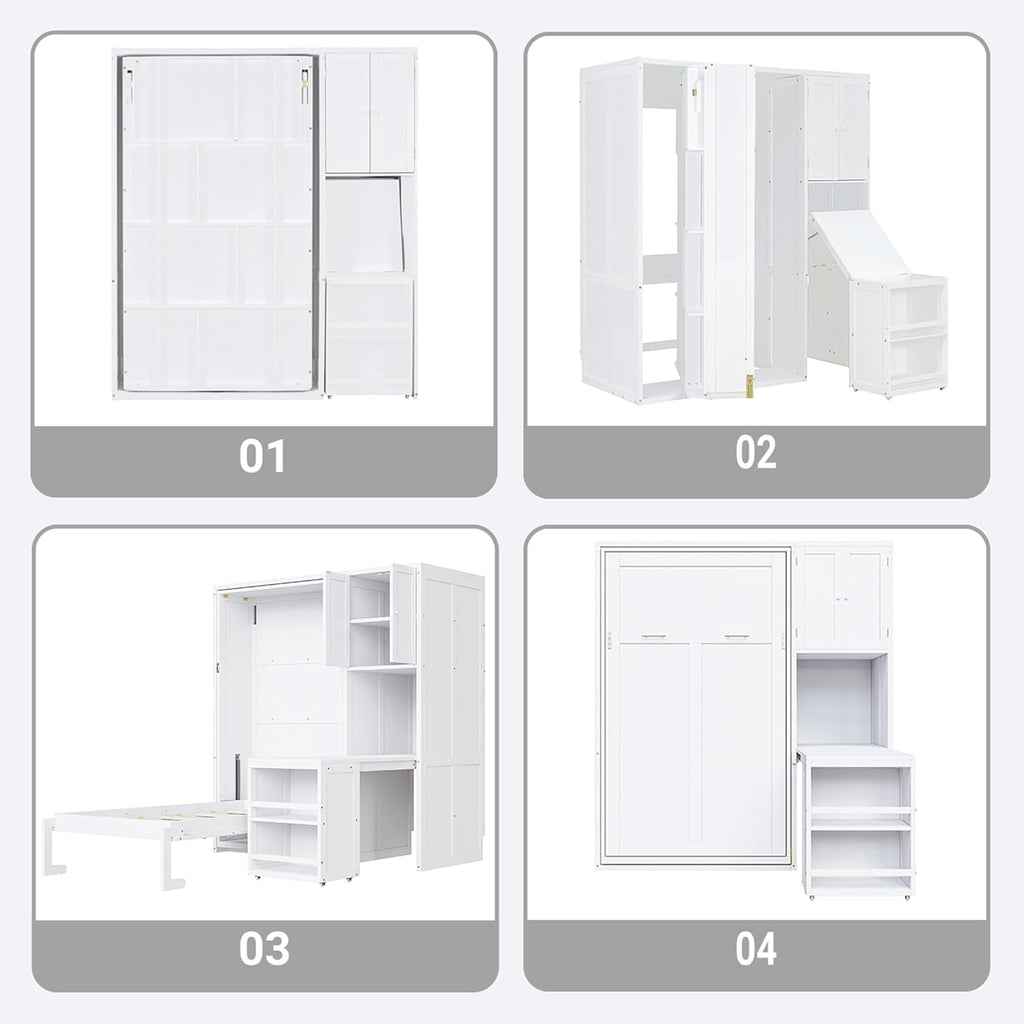 MERITLINE Twin Murphy Bed with Storage Bookcase Bookshelf, Extendable Desk and Cabinet, Wood Rotatable Hidden Murphy Bed with Desk and Shelves,for Adults (White)