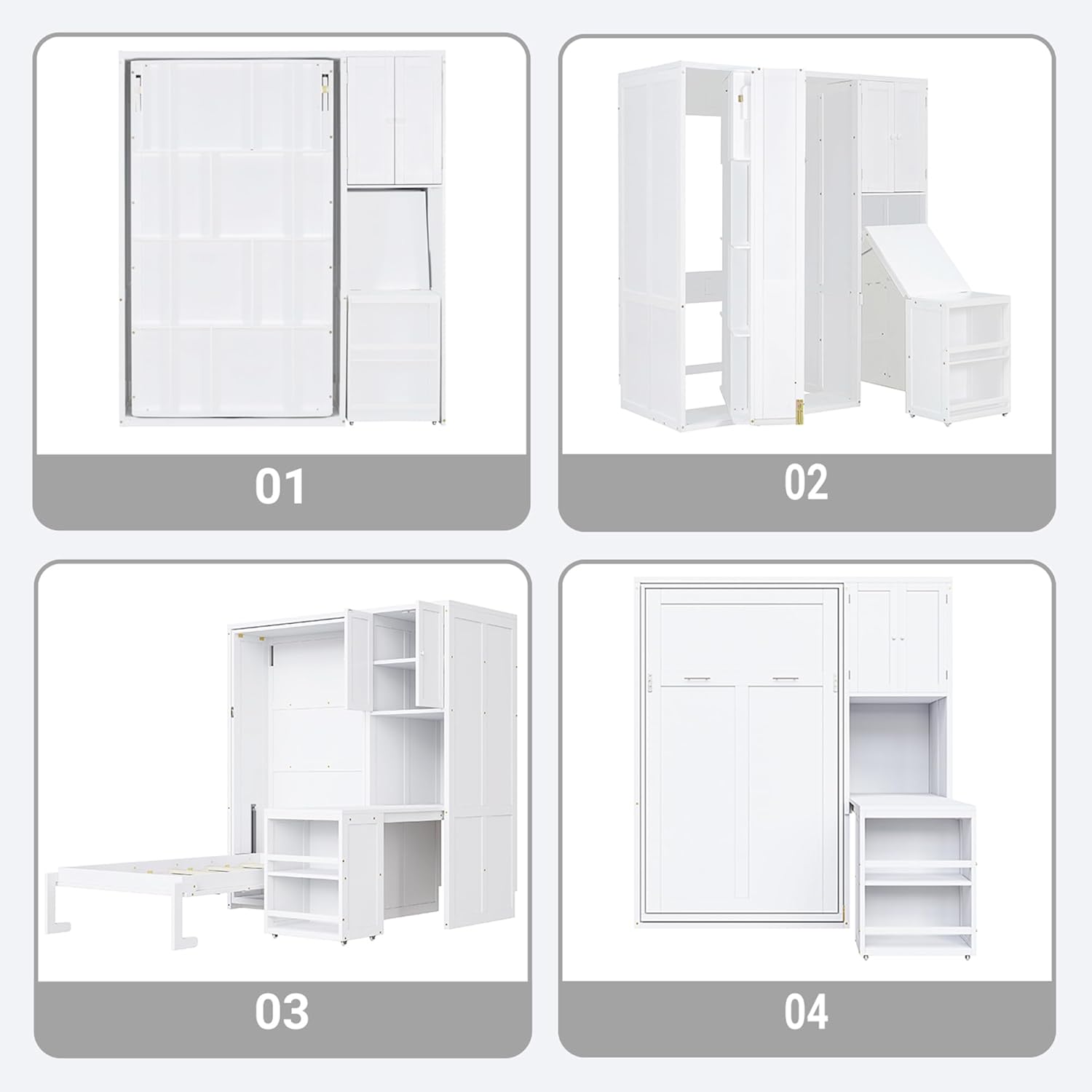 MERITLINE Twin Murphy Bed with Storage Bookcase Bookshelf, Extendable Desk and Cabinet, Wood Rotatable Hidden Murphy Bed with Desk and Shelves,for Adults (White)
