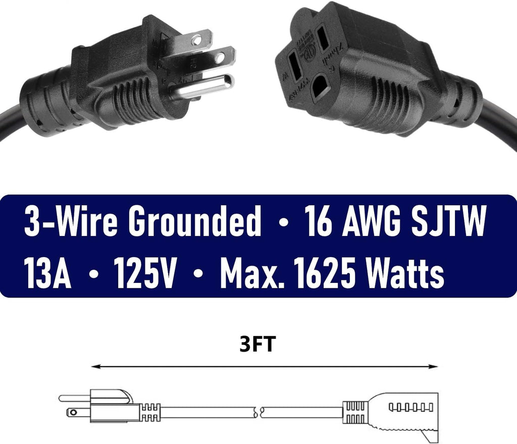2-Pack 3ft Extension Cord Outdoor 16 SJTW AWG Heavy Duty Power Cord 3 Prong, NEMA 5-15P to NEMA 5-15R, Power Cable for Indoor and Outdoor Use, ETL Listed