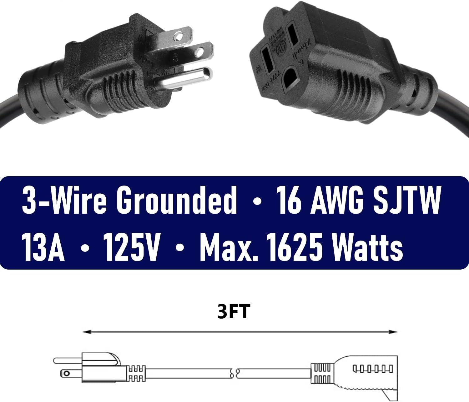 2-Pack 3ft Extension Cord Outdoor 16 SJTW AWG Heavy Duty Power Cord 3 Prong, NEMA 5-15P to NEMA 5-15R, Power Cable for Indoor and Outdoor Use, ETL Listed