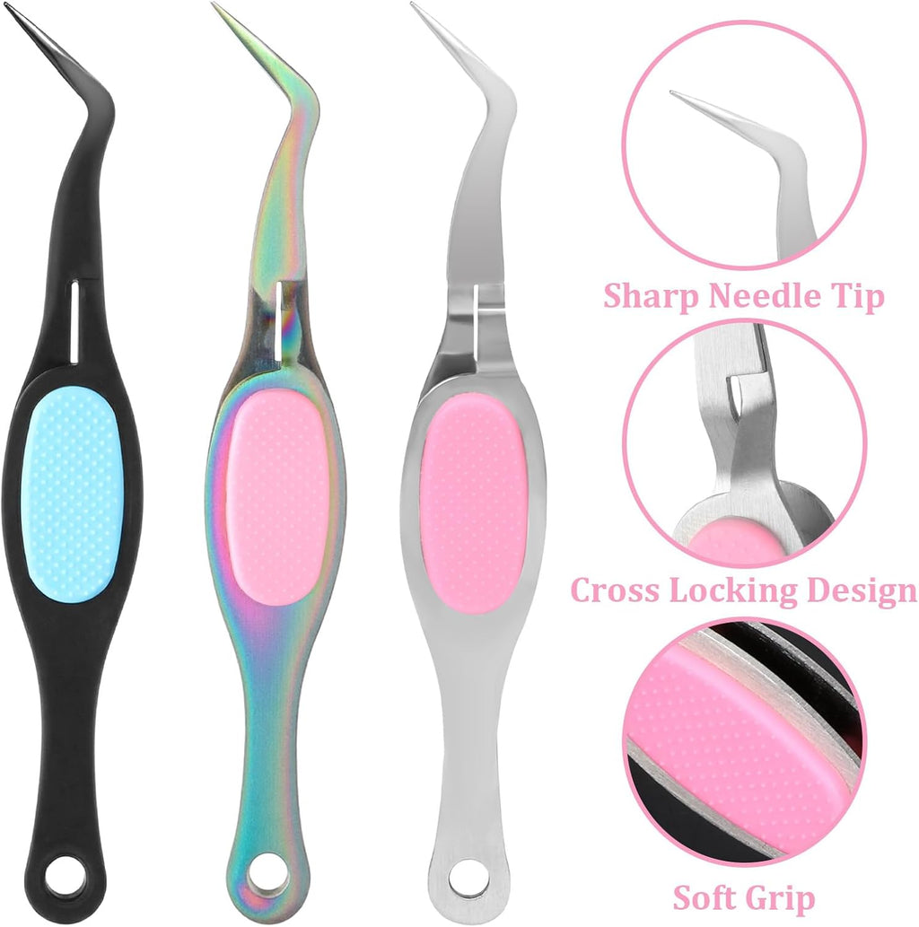 3 Pack Reverse Tweezers Craft Sticker Tweezer Crossing Locking Curved Crafting Tweezers, Stainless Steel Curved Tip Tweezer for Jewelry Beading, Electronics DIY Craft (Rainbow, Silver, Black)