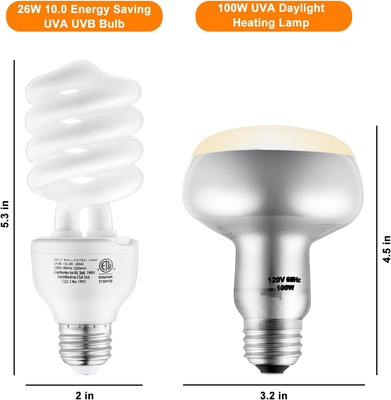 DXOPHIEX 100W Reptile Heat Lamp and 26W 10.0 UVB Bulb Combo Pack, UVA Basking Bulb and UVB Light for Reptiles, Basking Light for Bearded Dragon, Turtles, Snake and Lizard