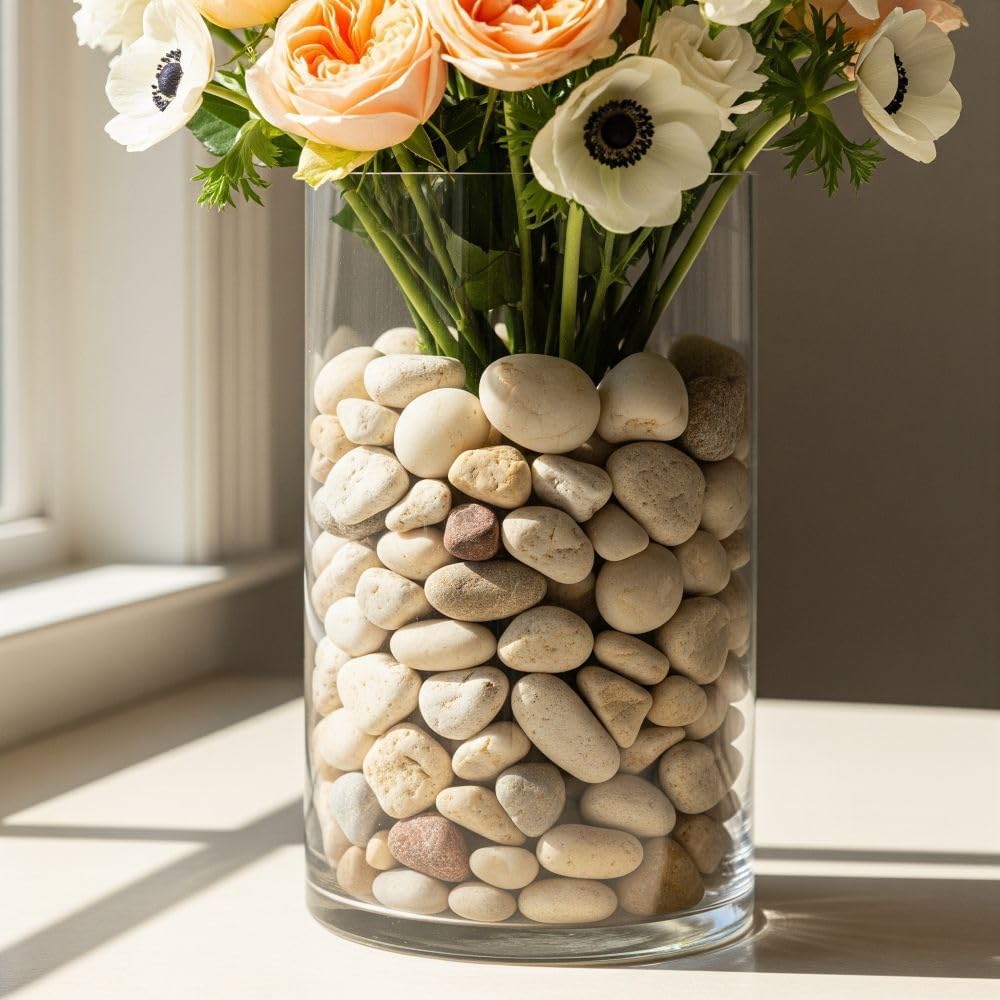 32 oz Jug Multicolor Cream Medium River Rock, 1½-3 inch size, for indoor outdoor decor, vase filler, candles, art, crafts, aquariums, fairy garden, planters, tablescapes, terrariums