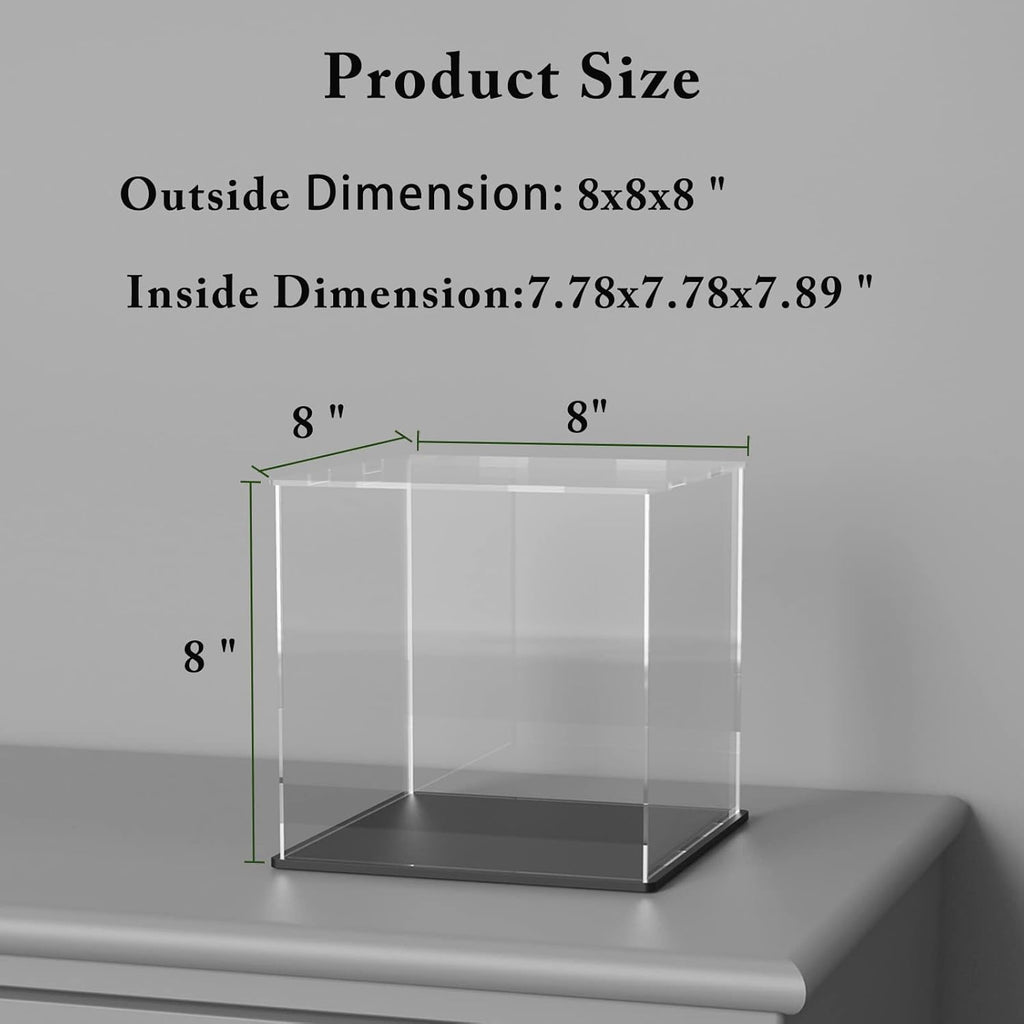 Acrylic Box with Matt Black Base, Simple Self-Assembly Clear Acrylic Display Case, 8 Inch Cube Dustproof Showcase with Lid for Collectibles, Toys and Jewelry (8x8x8 inch)