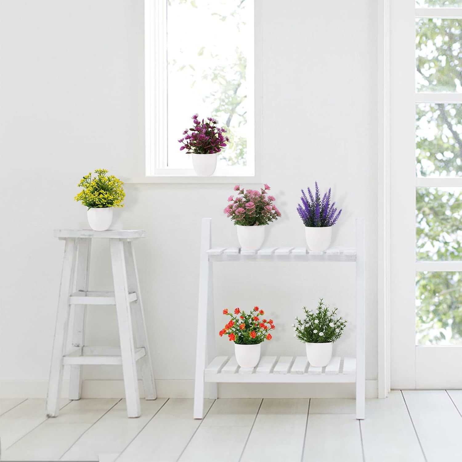 Artificial Small Plant 6pcs Fake Flower Potted Plant Bathroom Faux Plant for Indoor Decor Window Tabletop Office Colorful Flower
