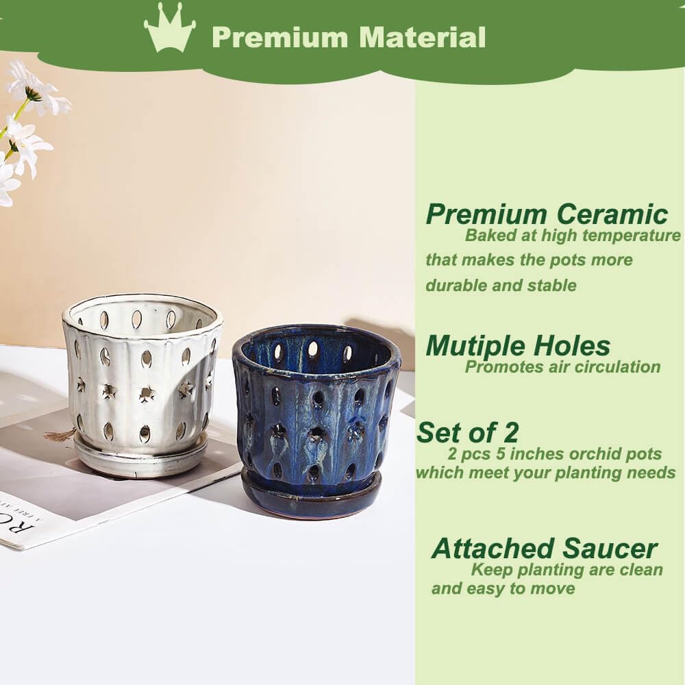Orchid Pots with Holes Attached Saucers 5 Inches - 2 Pcs Small Ceramic Pots for Repotting, Decorative Ceramic Orchid Planter with Hole for Healthy Root Growth (White and Blue)