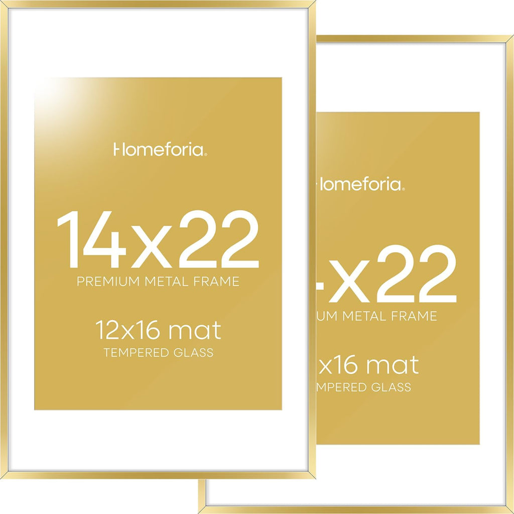 Homeforia 14x22 Picture Frame Gold, High End Metal 14x22 Poster Frames with Mat 12x16 Photo, 14 x 22 Gold Frames Matted to 12 by 16 Print, 22x14 Thin Hanging Frames, Tempered Glass, Wall Kit, Set of 2