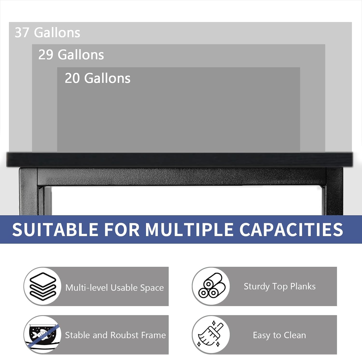TFK 20-29-37 Gallon Fish Tank Stand, 3-Tier Aquarium Stand with Power Outlet Reptile Tank Stand Heavy Duty Terrarium Stand for Home Office, Black