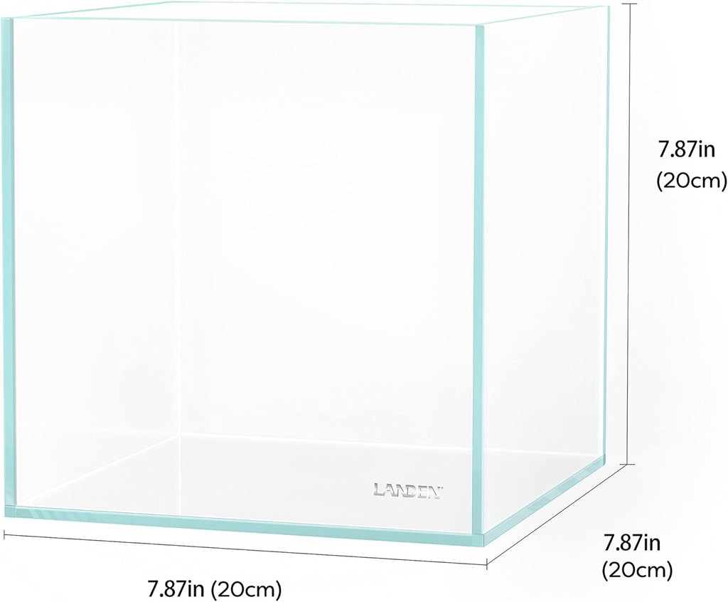 LANDEN 20C 2 Gallon Cube Rimless Low Iron Clear Aquarium Tank, All Glass Aquarium,Small Betta Fish Tank,W7.8×D7.8×H7.8 in(20x20x20cm) 5mm Thickness with Nano Foam Leveling Mat