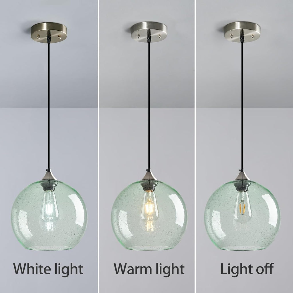 Light Green Glass Pendant Lights Kitchen Island Globe Pendant Light Fixtures Modern Pendant Lighting for Bedroom Living Dining Room Light Fixture (9.84 in, 3 Pack)