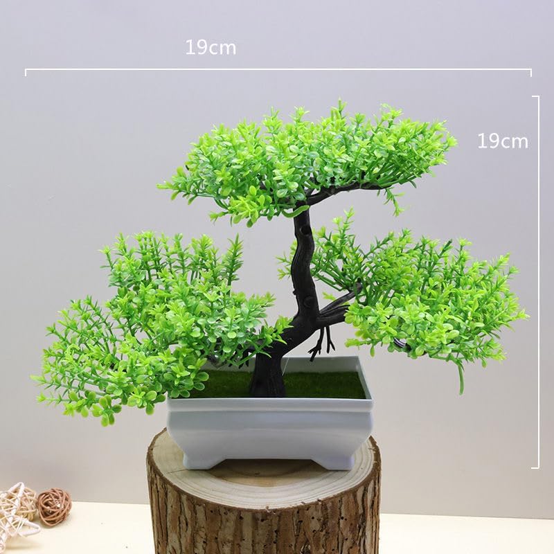 Mini Artificial Bonsai Tree Plants Artificial Plant Welcome Pine Tree with Plastic Cement Pots for Home Office Décor (Green)