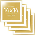 Homeforia 14x14 Picture Frame Gold, High End Metal 14 x 14 Square Poster Frame with Mat 12 x 12 Photo, 14x14 Frame Matted to 12x12 Print, 14by14 Gold Hanging Frames, Tempered Glass, Wall Kit, Set of 4