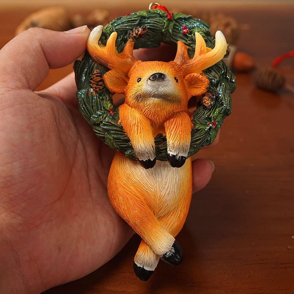 Christmas Small Animal Wreath Swing Ornament Hanging Decor for Xmas Tree Home Office Room Decoration with String (New, Elk)