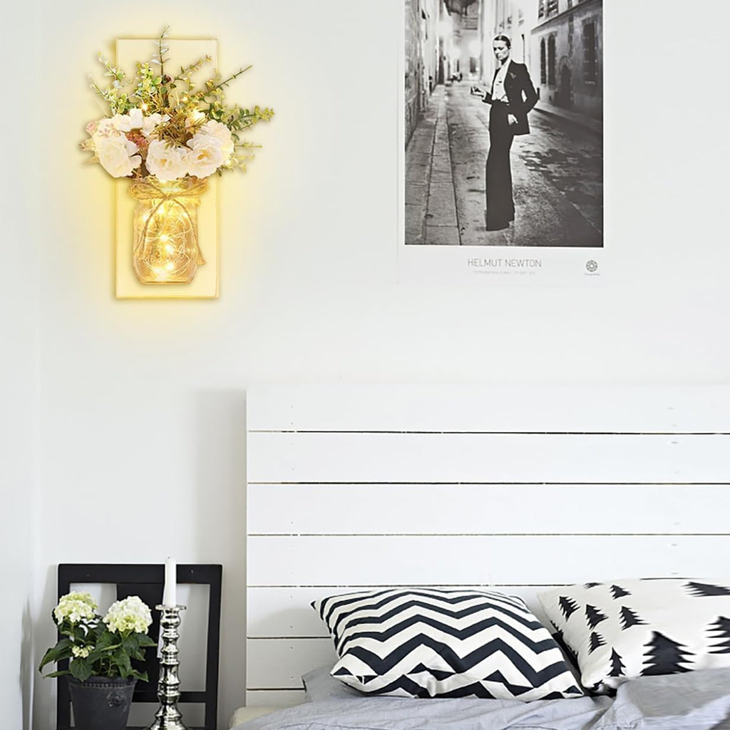 Rustic Wall Sconces Mason Jar Sconces Handmade Wall Art Hanging Design with Remote Control LED Fairy Lights and White Peony, Christmas Decor Gifts Farmhouse Home Decor Living Room Lights Set of Two