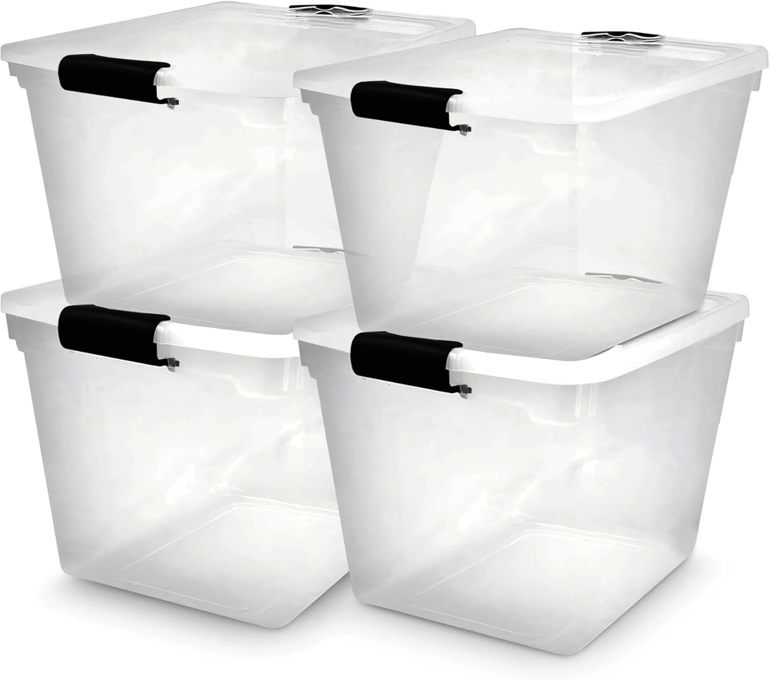 HOMZ 4-Pack Latching Lid, Large Clear Plastic Storage Bins with Lids, 31 Quart, Gray Latch - Stackable Container Boxes for Home, Bathroom, and Office Organization
