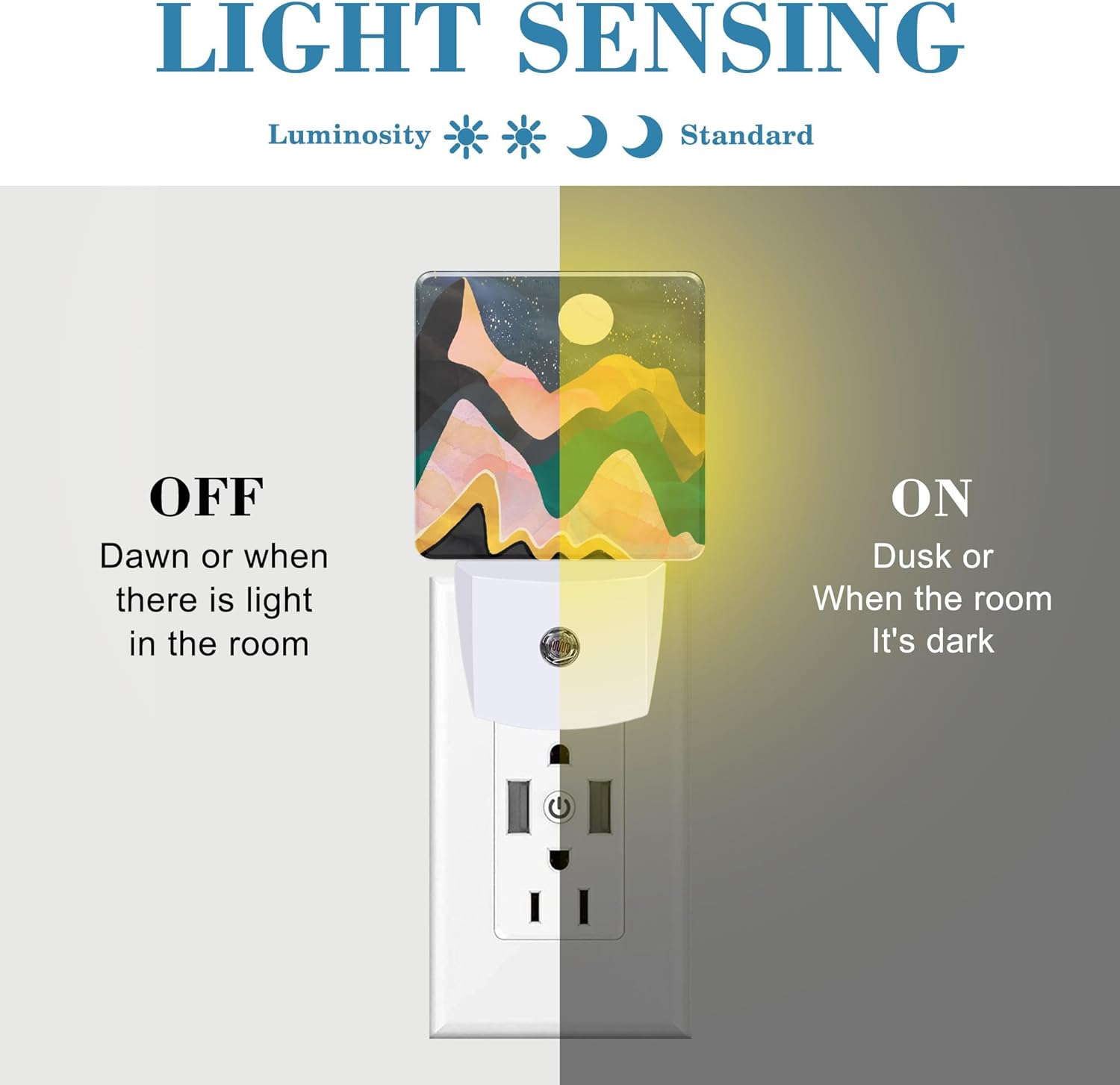 Plug in Night Lights Abstract Mountains Night Sky and Moon Nightlight Plug Into Wall Dusk to Dawn Sensor LED Night Light for Kid Girls Boys Room Decor,Hallway,Kitchen,Bathroom,Nursery,Stairs