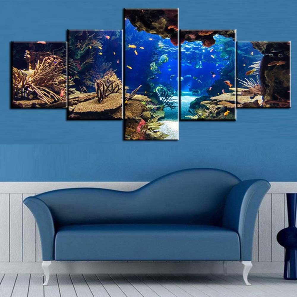 Ocean Fish Picture for Living Room Underwater World Painting Coral Reef Artwork Undersea Sea Life Wall Art 5 Piece Print on Canvas Giclee Aquarium Home Modern Decor Framed Ready to Hang(50''W x 24''H)