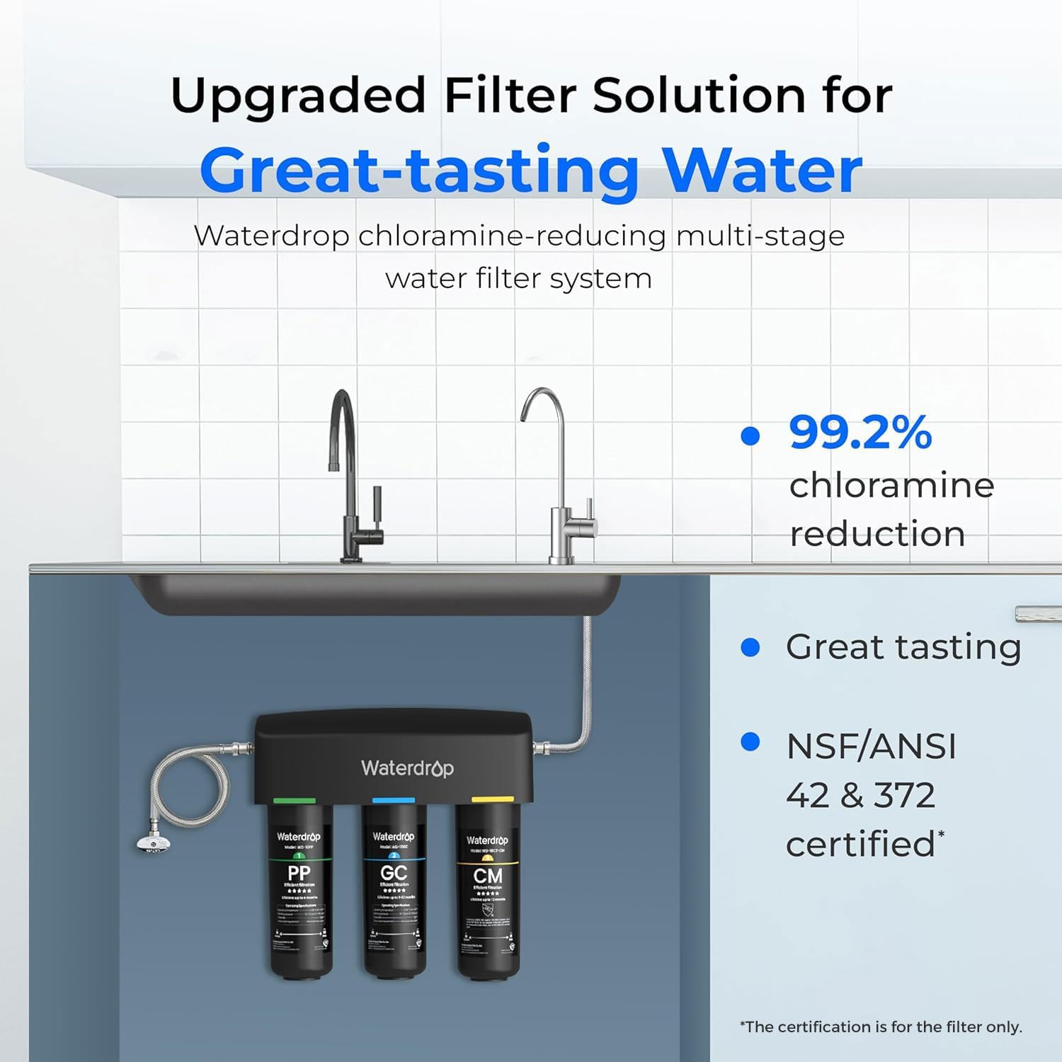 Waterdrop TSB-CM Under Sink Water Filter System Reduce Chloramine for CA, FL and Washington, D.C., NSF/ANSI 42 Certified Element, Reduces Chloramine, Chlorine, with Brushed Nickel Faucet