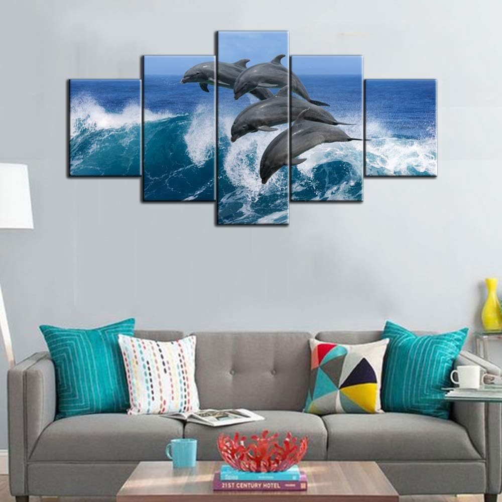 Living Room Decorations Marine Animals Dolphins Pictures Seascape Wall Art 5 Panel Printed on Canvas Artwork for Home Contemporary Paintings Framed Gallery-Wrapped Ready to Hang(60''Wx32''H)