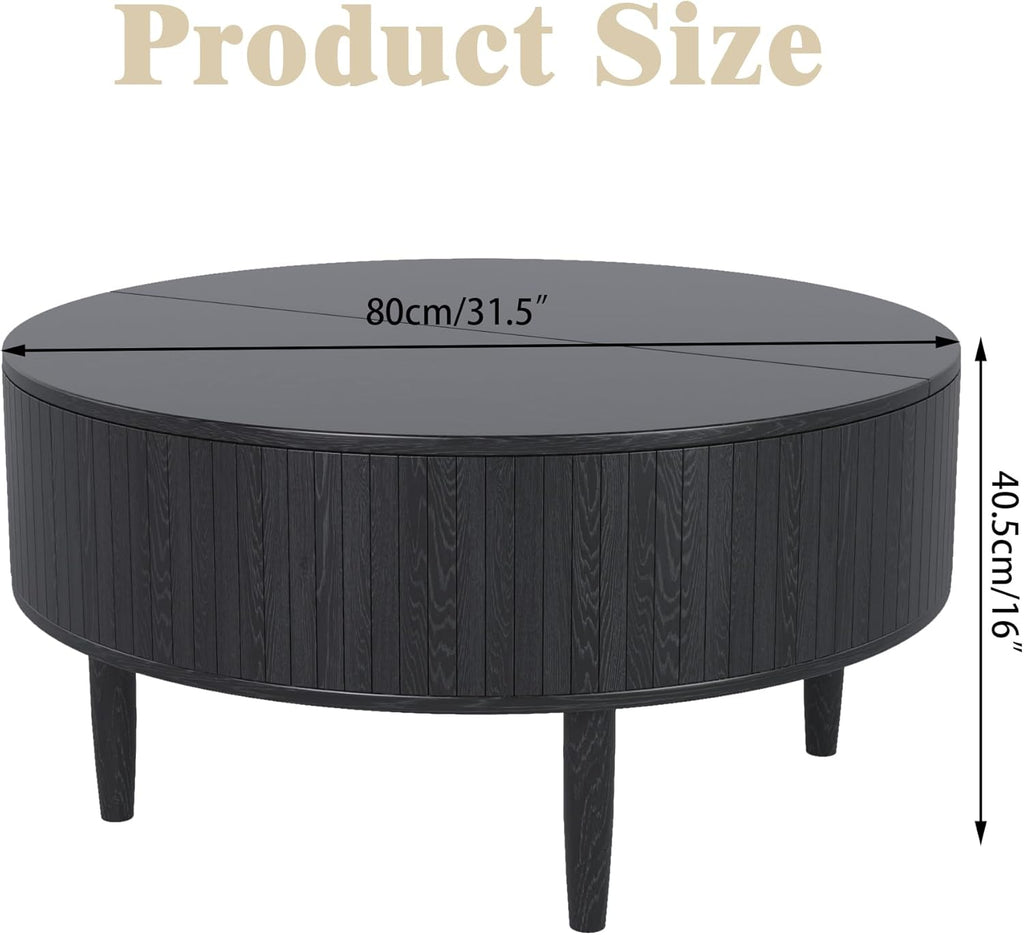 Round Fluted Lift Top Coffee Table with Storage, Mid Century Modern Coffee Table for Living Room, Home Small Space,31.5" Fluted Center Table (Black, 31.5inch)