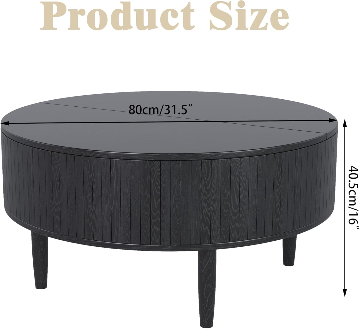 Round Fluted Lift Top Coffee Table with Storage, Mid Century Modern Coffee Table for Living Room, Home Small Space,31.5" Fluted Center Table (Black, 31.5inch)