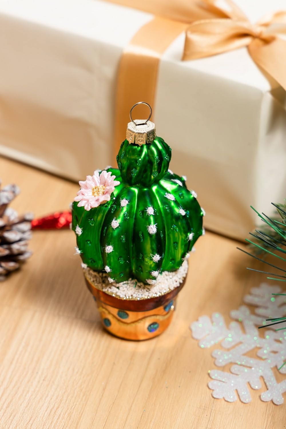 Set of 2 Hand Blown Glass Cactus Ornaments for Christmas Tree, Hanging Glass Cactus Ornament