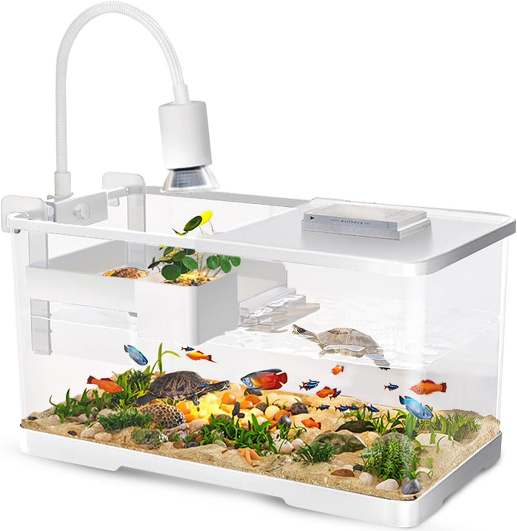 (Tank + Light + Filter + Filter Balls) Turtle Tank Kit, Turtle Tank Starter Kit,Bottom Drainage, Multi-Function Areas for Turtles, Crabs,Fishes, Amphibians,Reptiles. (15.75 x 8.64 x 8.64 Inch)