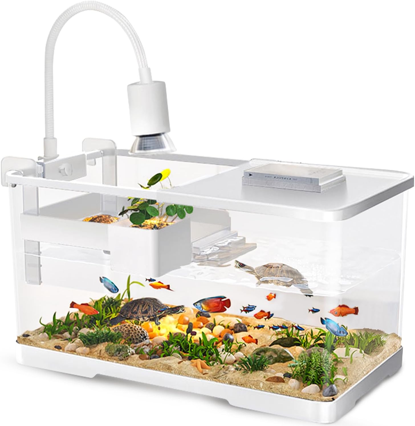 (Tank + Light + Filter + Filter Balls) Turtle Tank Kit, Turtle Tank Starter Kit,Bottom Drainage, Multi-Function Areas for Turtles, Crabs,Fishes, Amphibians,Reptiles. (21.65 × 12.28 × 12.28 Inch)