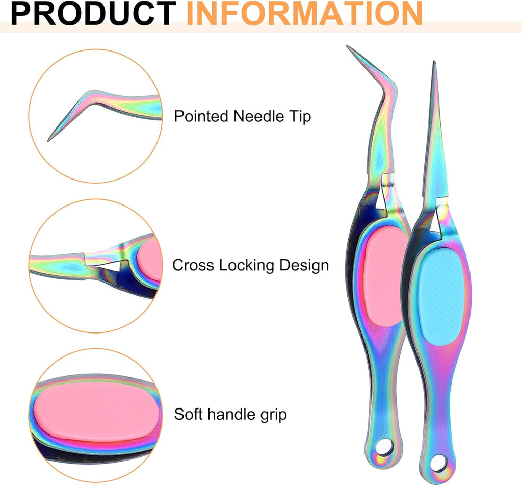 HARFINGTON 2pcs Craft Tweezers Precision Crossing Lock Curved Straight Stainless Steel Soft Reverse Grip Fine Tip Tweezers for DIY Craft Jewelry Beading Electronics, Rainbow Pink Blue