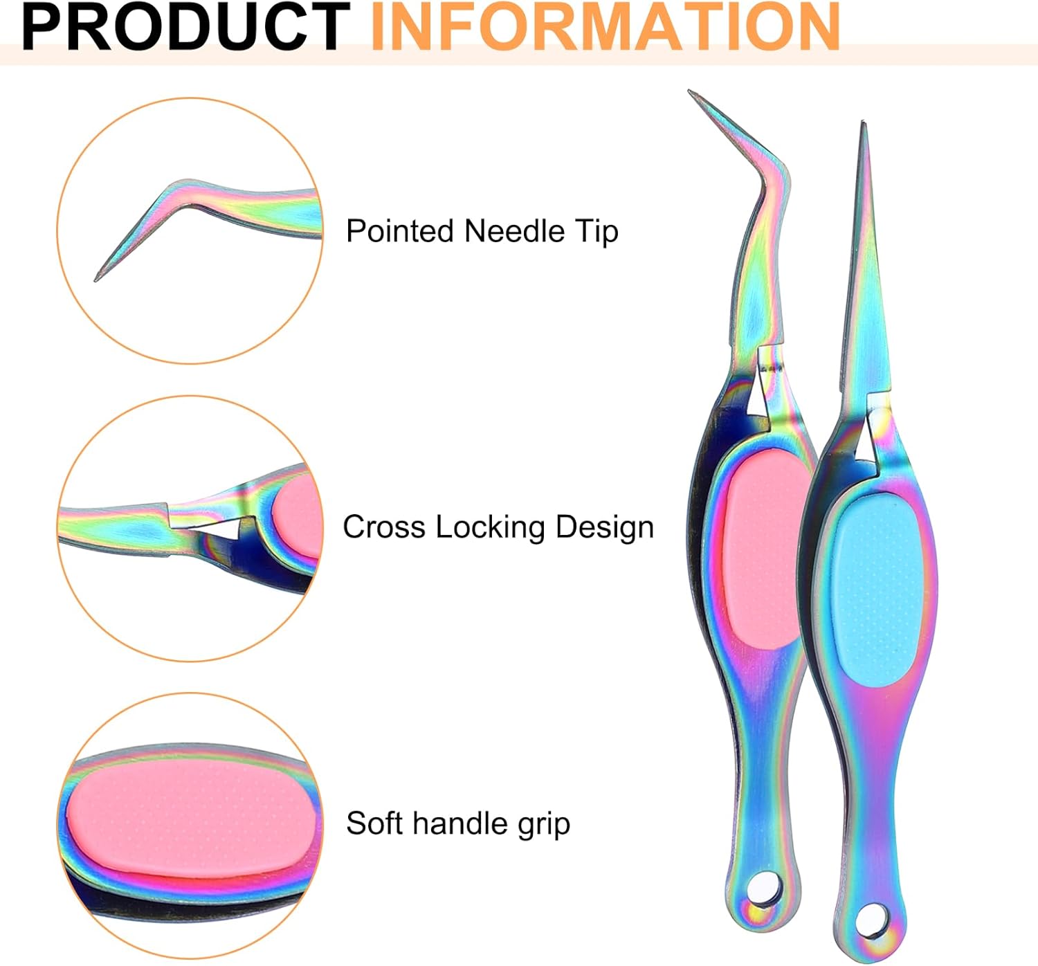 HARFINGTON 2pcs Craft Tweezers Precision Crossing Lock Curved Straight Stainless Steel Soft Reverse Grip Fine Tip Tweezers for DIY Craft Jewelry Beading Electronics, Rainbow Pink Blue