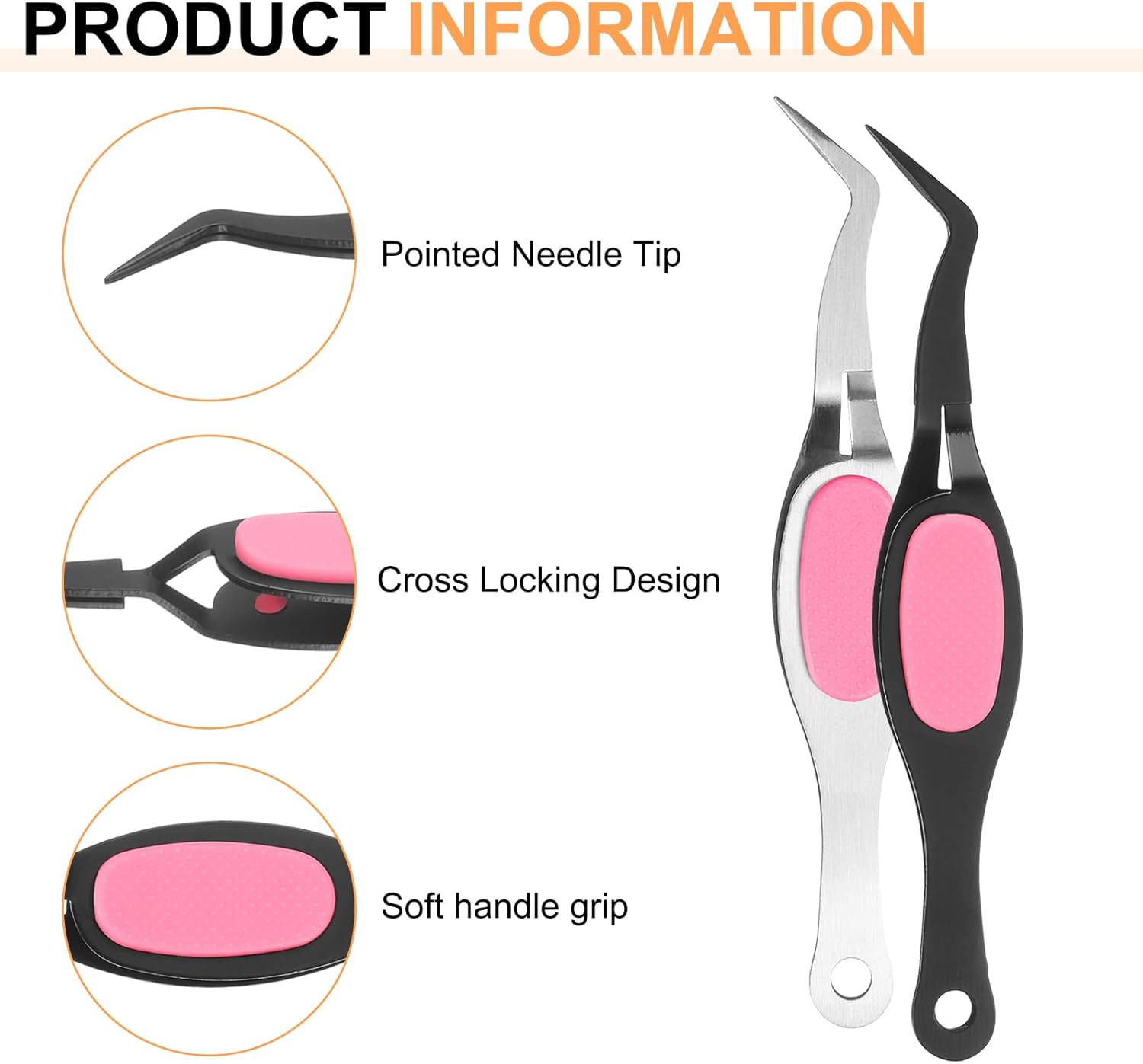 HARFINGTON 2pcs Craft Tweezers Precision Crossing Lock Curved Stainless Steel Soft Reverse Grip Fine Tip Tweezers for DIY Craft Jewelry Beading Electronics, Black Silver Pink