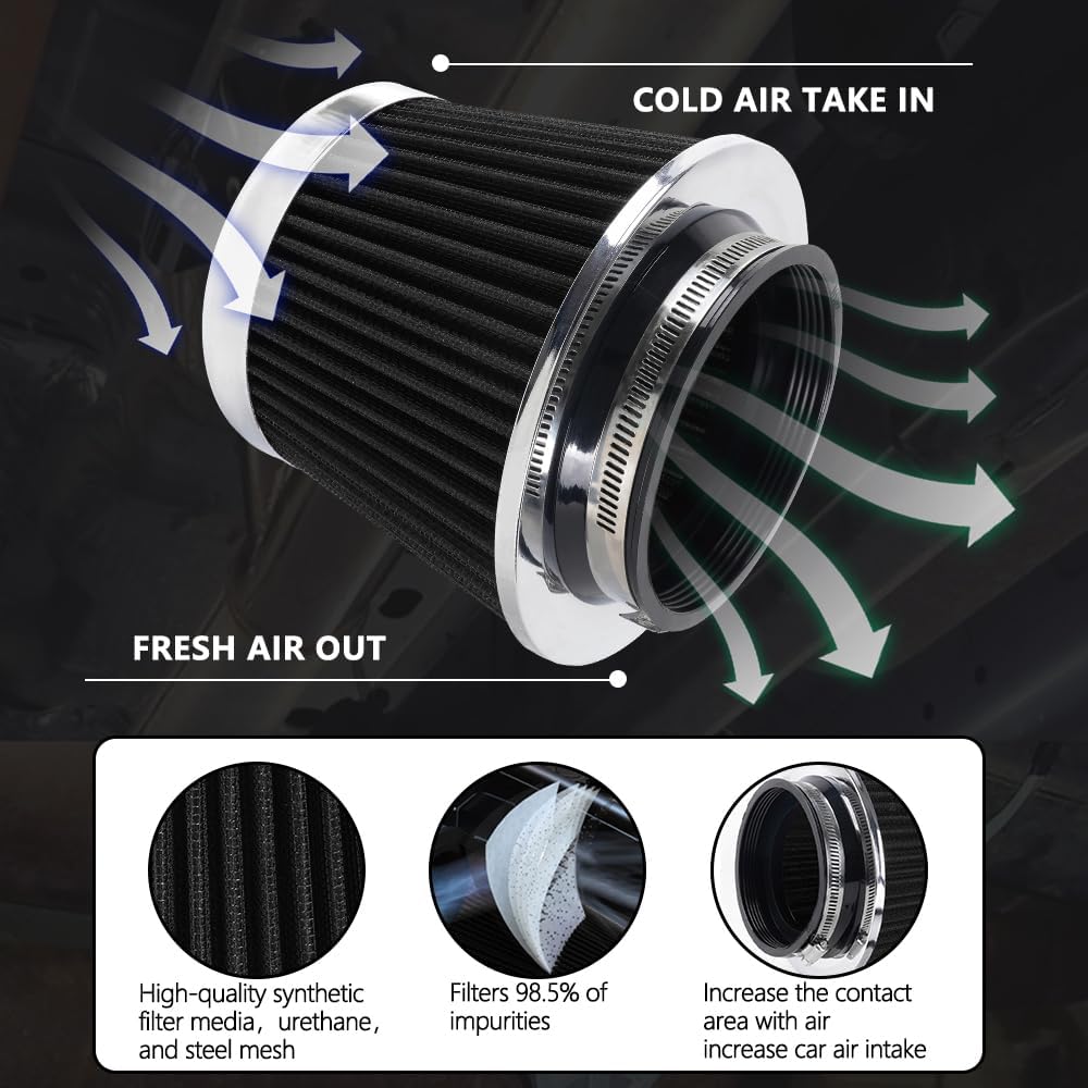 4-Inch Cold Air Intake Filter - Washable, High Performance, 3" or 3-1/2" or 4" Clamp-On Replacement Air Filter Black